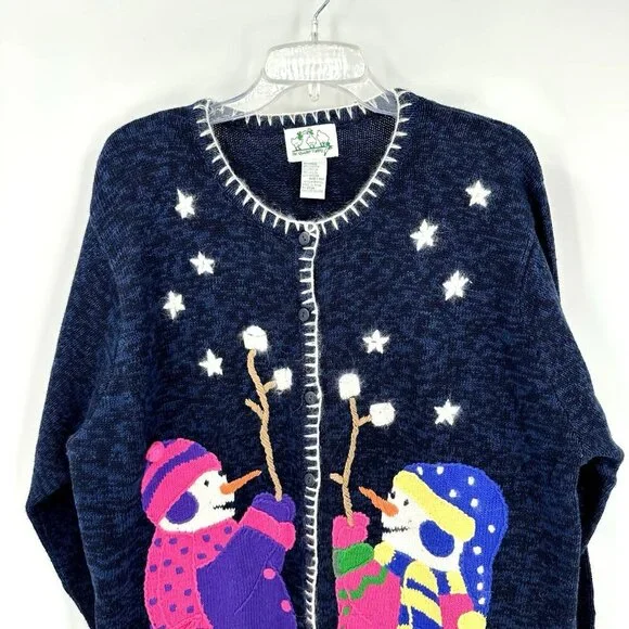 QUACKER FACTORY cardigan sweater snowmen winter smores embellished quirky XL - Picture 3 of 8